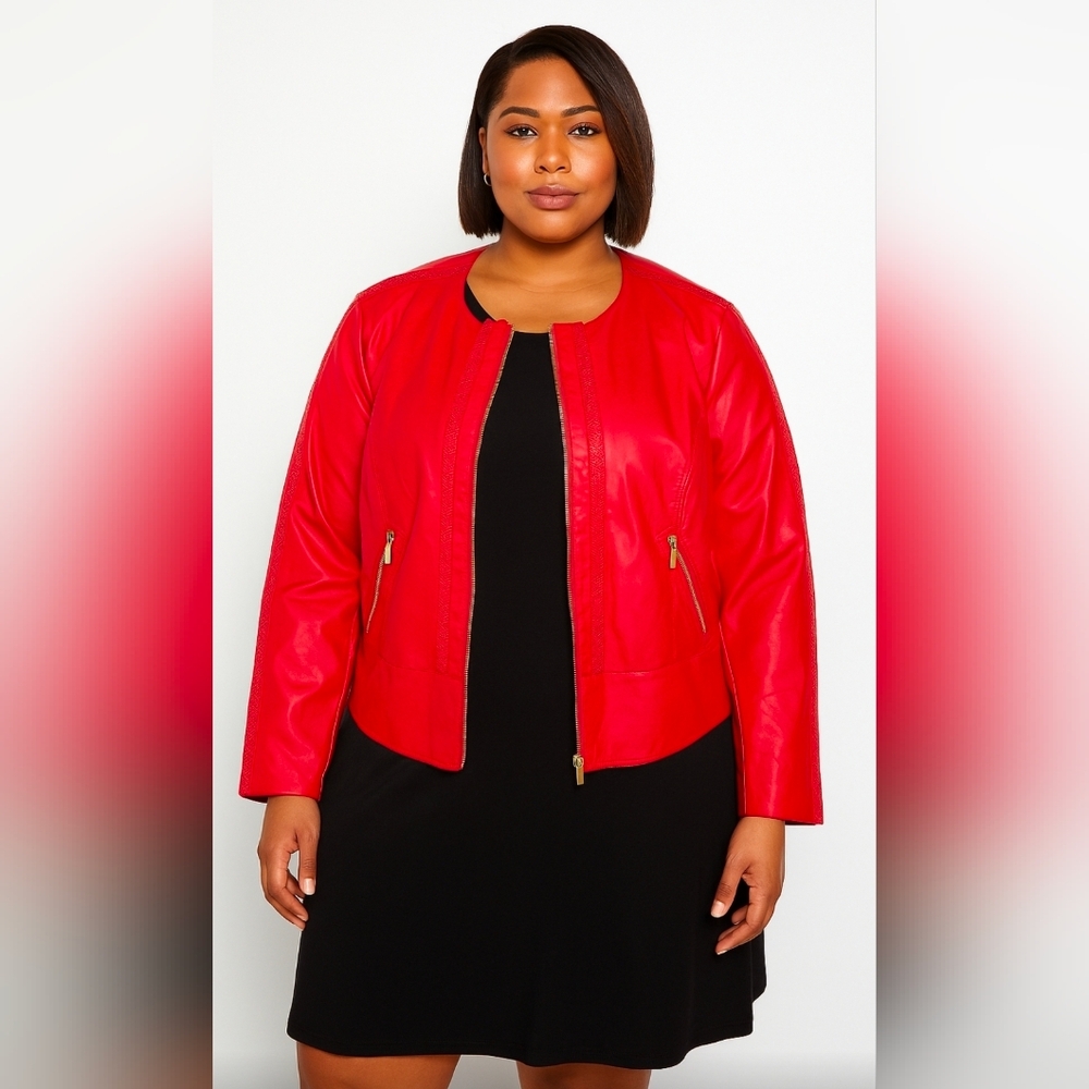 NWT City Chic Lust Red Faux Leather Weave Biker Jacket Sz M (18)